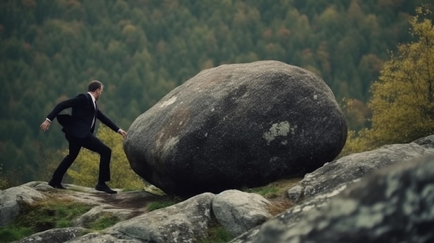 Uomo d'affari che rotola una roccia in una montagna