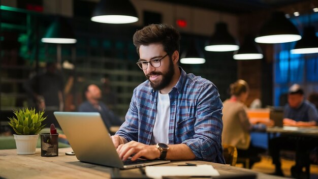 Uomo d'affari che scrive sul portatile in uno spazio di coworking