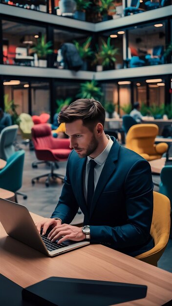 Uomo d'affari che scrive sul portatile nello spazio di lavoro