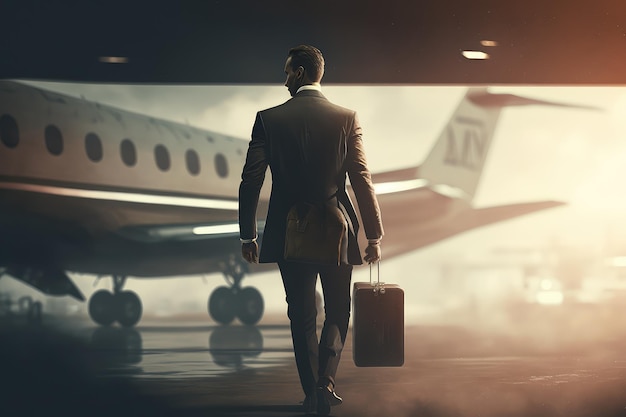 Uomo d'affari che si imbarca sull'aereo che si prepara per il volo verso una nuova destinazione