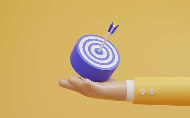 Uomo d'affari che tiene il bersaglio per l'installazione sfida l'obiettivo dell'obiettivo aziendale e il concetto di obiettivo mediante illustrazione di rendering 3d