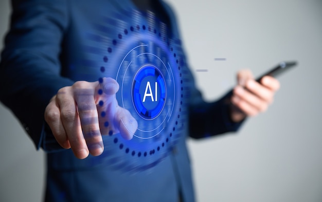 Uomo d'affari che tiene il telefono con l'icona AI.
