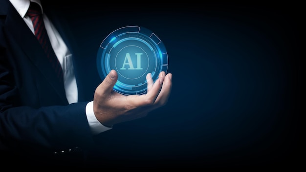 Uomo d'affari che tiene sulla dicitura AI (Artificial Intelligence) con lo sfondo di progettazione del circuito di tecnologia hi-tech digitale cerchio. innovazione di concetto.