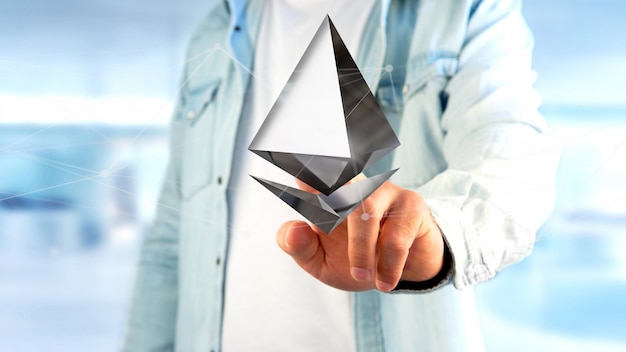 Uomo d&#39;affari che tiene un segno di valuta cripto di Ethereum che vola intorno ad una connessione di rete - 3d rendono