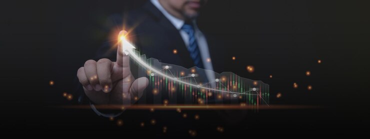 Uomo d'affari che tocca per indicare la crescita del grafico della freccia e la connessione online della rete finanziaria Analizzando il profitto dei dati per raggiungere gli obiettivi di investimento aziendale nel futuro Concetto di tecnologia aziendale