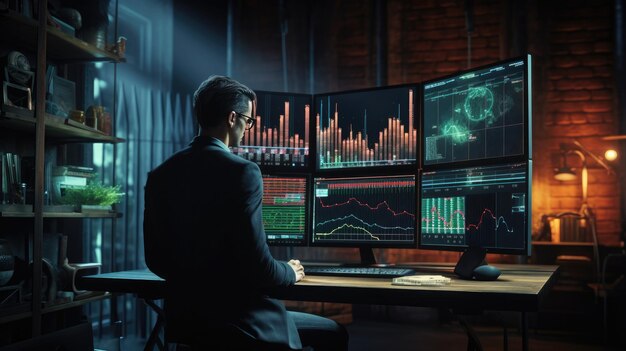 Uomo d'affari che usa il suo computer per monitorare l'analisi dei grafici azionari