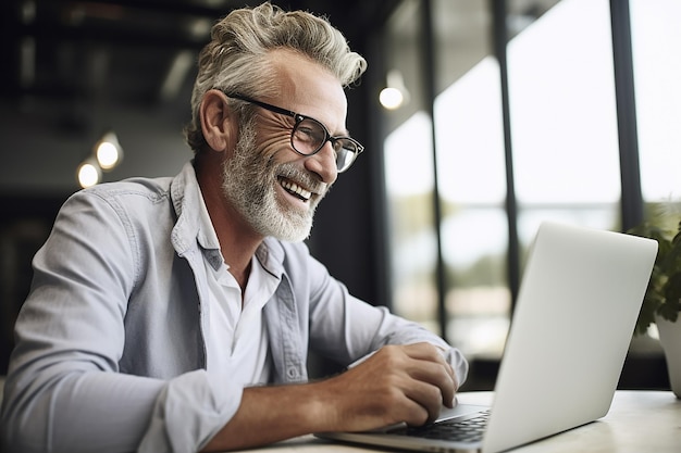 Uomo d'affari che usa un computer portatile in ufficio uomo maturo felice imprenditore proprietario di una piccola azienda che lavora online