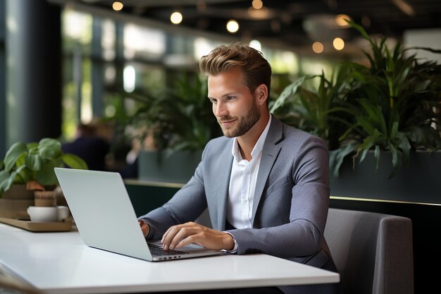 Uomo d'affari che usa un computer portatile nella hall dell'ufficio o in un caffè Uomo felice di mezza età imprenditore proprietario di una piccola azienda che lavora online