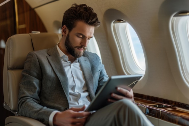 Uomo d'affari che usa un tablet digitale in aereo