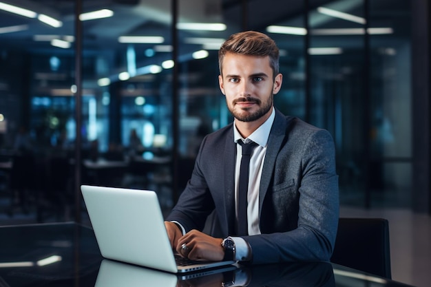 Uomo d'affari che utilizza il computer portatile in ufficio Felice uomo di mezza età imprenditore piccola impresa proprio