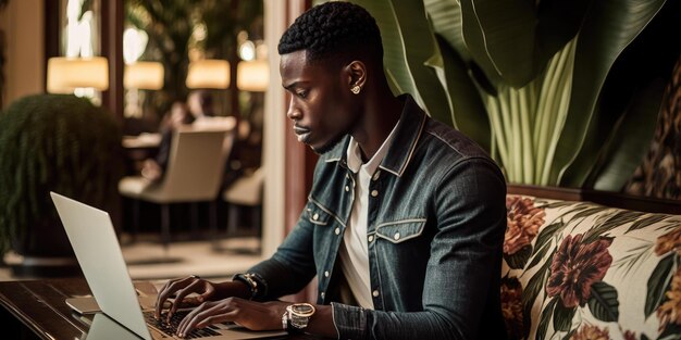 Uomo d'affari che utilizza il computer portatile nella vista candida della hall dell'hotel di lusso