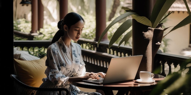 Uomo d'affari che utilizza il computer portatile nella vista candida della hall dell'hotel di lusso