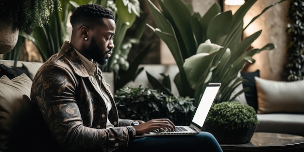 Uomo d'affari che utilizza il computer portatile nella vista candida della hall dell'hotel di lusso