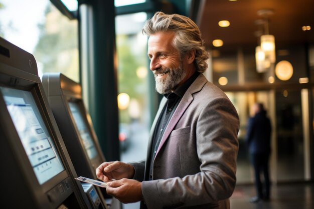 Uomo d'affari che utilizza la carta presso un bancomat