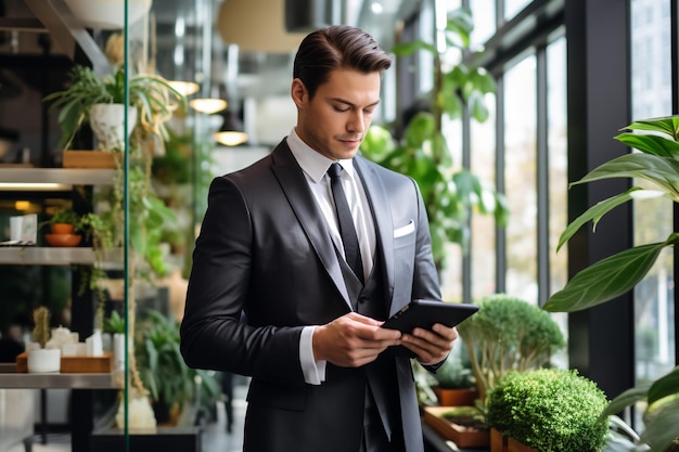 Uomo d'affari che utilizza un computer portatile in ufficio Felice uomo di mezza età, imprenditore, proprietario di una piccola impresa che lavora online