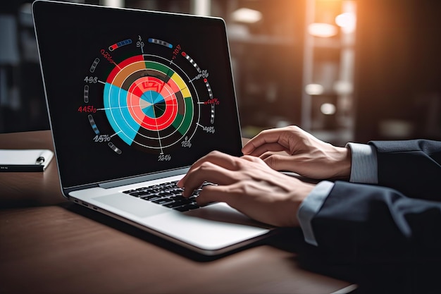 Uomo d'affari che utilizza un laptop con un diagramma di marketing target sullo schermo Concetto di targeting e marketing Mano di un uomo d'affari che utilizza un laptop e un bersaglio con un grafico aziendale e un grafico generato dall'intelligenza artificiale