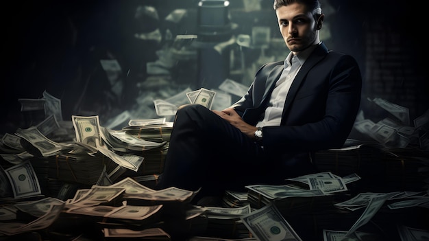 Uomo d'affari circondato da banconote da un dollaro concetto di denaro denaro e successo
