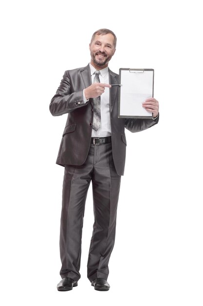 Uomo d'affari con appunti isolato su uno sfondo bianco