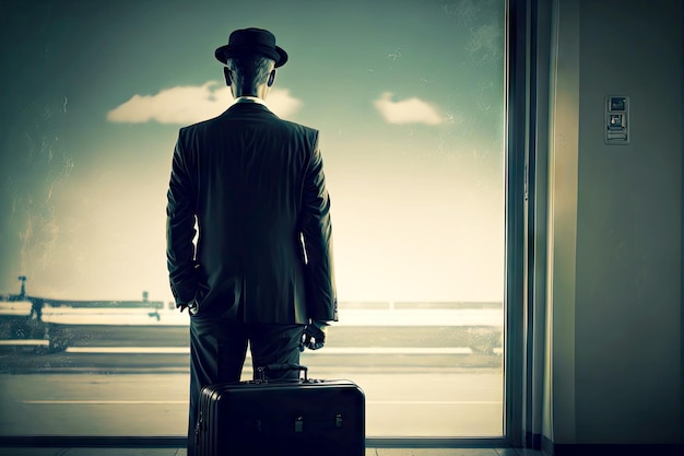 Uomo d'affari con bagaglio a mano e valigia da viaggio in attesa di imbarcarsi sull'aereo