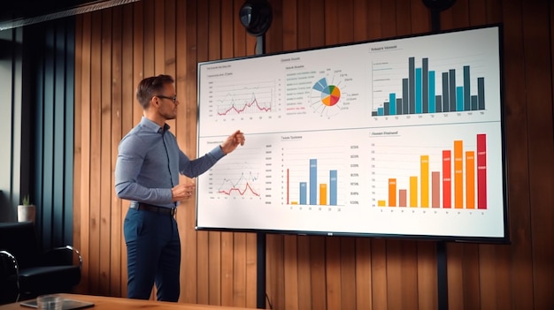 Uomo d'affari con grafici aziendali Illustratore AI generativo