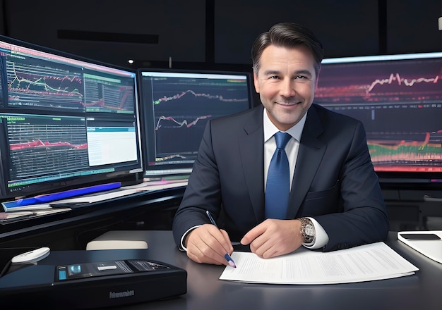 Uomo d'affari con grafici azionari della borsa sullo sfondo IA generativa