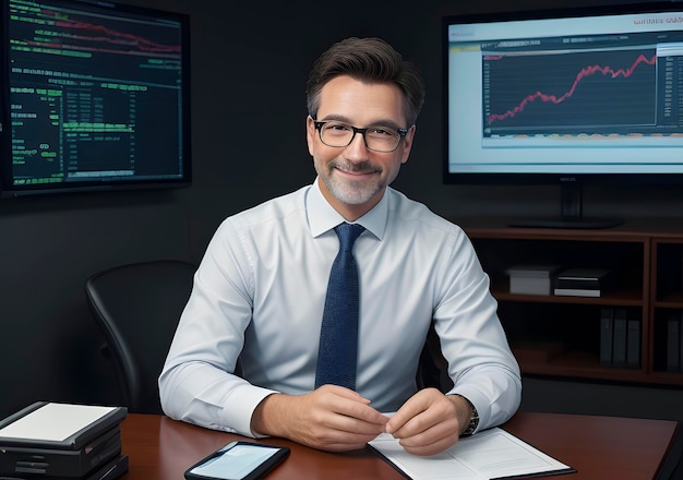 Uomo d'affari con grafici azionari della borsa sullo sfondo IA generativa