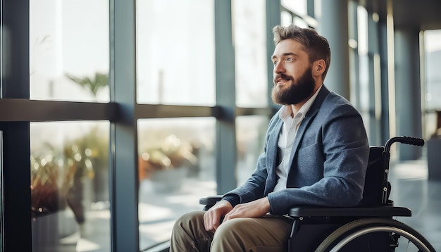 Uomo d'affari con la barba in sedia a rotelle in ufficio