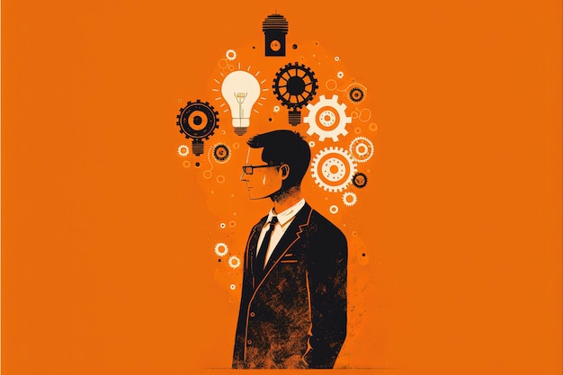 Uomo d'affari con lampadina e ingranaggi, concetto di idee, sfondo arancione. Illustrazione digitale AI