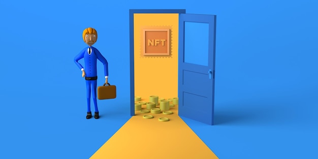 Uomo d'affari con porta aperta con moneta e token non fungibile NFT Spazio di copia Illustrazione 3D Cartoon