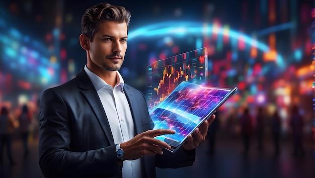 Uomo d'affari con un elegante tablet con un display olografico futuristico che mostra un mercato dinamico