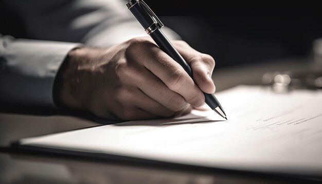 Uomo d'affari con una penna che firma un contratto sulla scrivania con un'attenzione selettiva generata dall'intelligenza artificiale