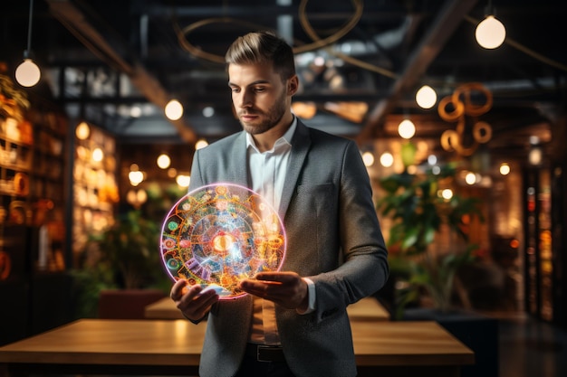 Uomo d'affari con una sfera luminosa con i simboli dello zodiaco che rappresentano il metaverso