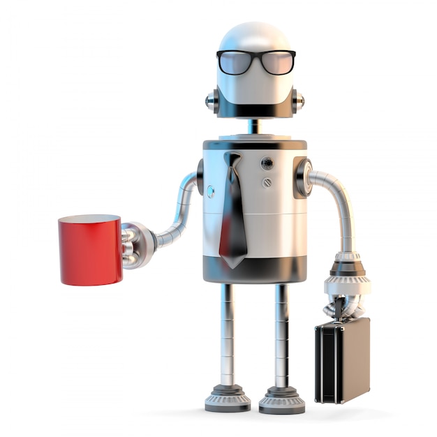 Uomo d&#39;affari del robot in vestito ed occhiali che tengono tazza di caffè