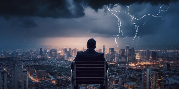 Uomo d'affari determinato ad affrontare qualsiasi sfida Cityscape Thunder Storm Background Generativo Ai