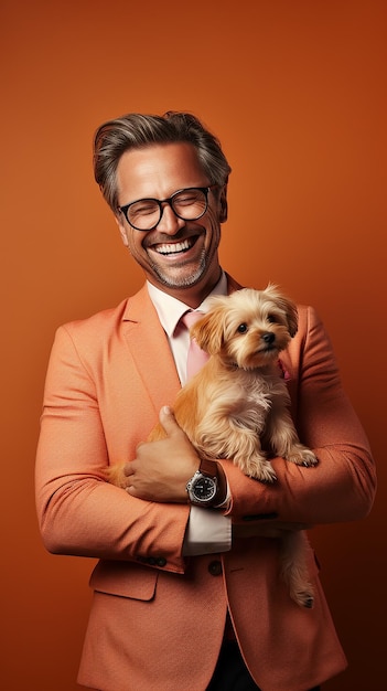 uomo d'affari di mezza età che sorride e gioca con il suo cucciolo sullo sfondo luminoso e foto