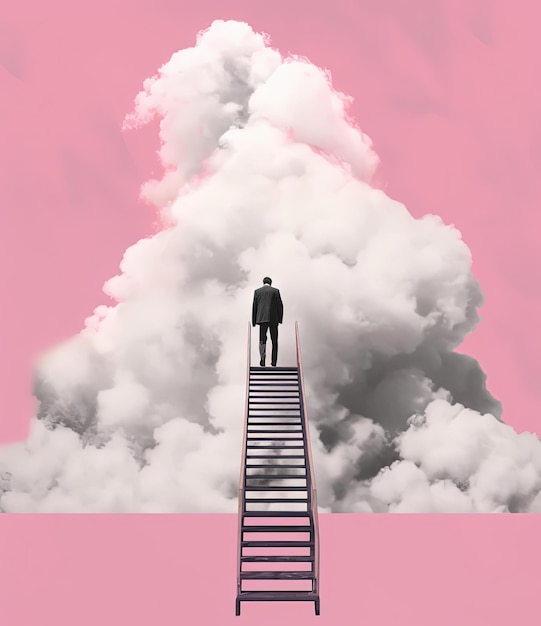 uomo d'affari di successo che sale le scale fino al cloud nello stile dell'arte generativa