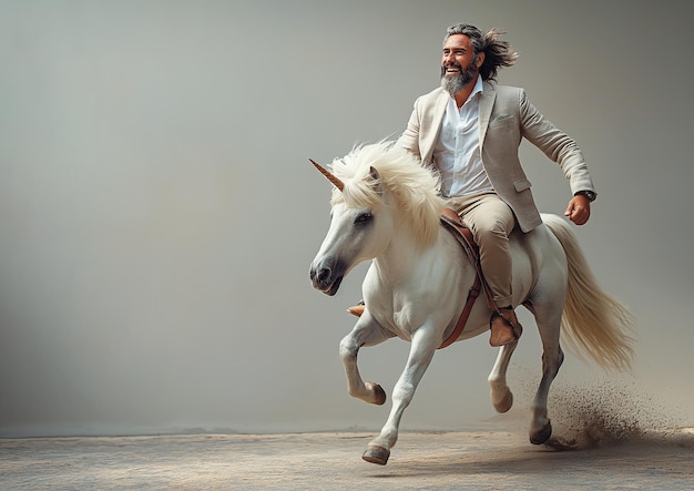 uomo d'affari di successo e fiducioso cavalca un unicorno su uno sfondo bianco