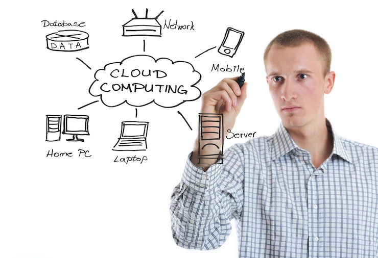 Foto uomo d'affari disegnare il grafico di cloud computing su vetro isolato su sfondo bianco in studio