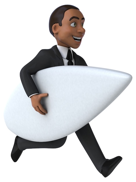 Uomo d'affari divertente cartone animato 3D che fa surf