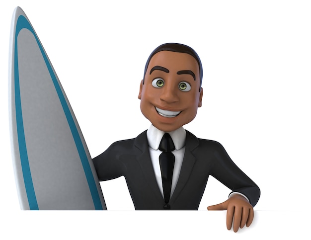 Uomo d'affari divertente cartone animato 3D che fa surf