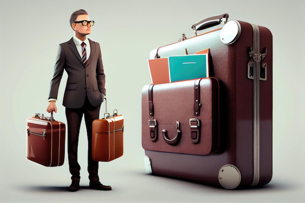 Uomo d'affari e casi per viaggiare su sfondo chiaro