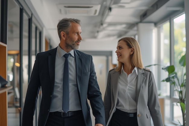 uomo d'affari e donna d'affare che camminano nel corridoio di un ufficio moderno e parlano con l'AI generata