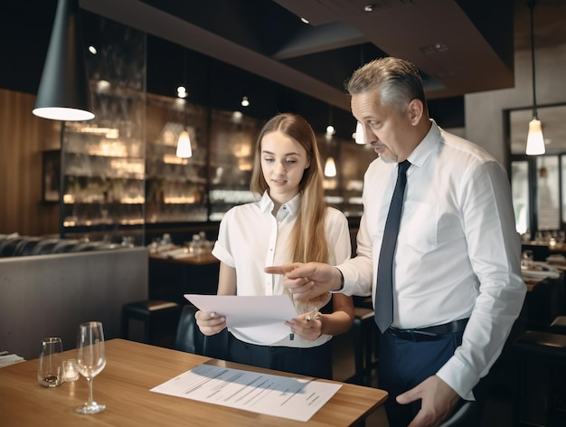 Uomo d'affari e donna d'affari che discutono documenti e idee in un caffè IA generativa