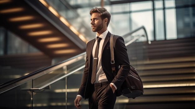 uomo d'affari elegantemente vestito con un abito che trasporta una borsa elegante e sale con grazia le scale