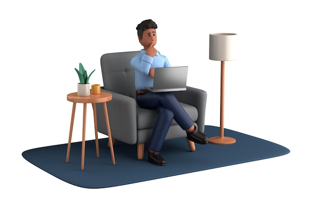 Uomo d'affari esecutivo 3D seduto con il portatile pensando all'idea isolata sullo sfondo bianco