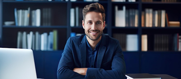 Uomo d'affari felice millenario alla scrivania dell'ufficio in posa e sorride alla macchina fotografica Copia spazio