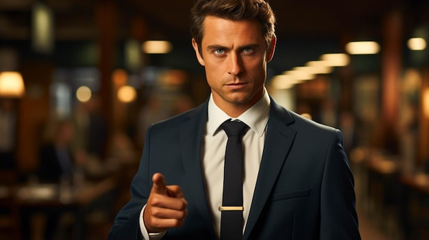 Uomo d'affari giovane bell'uomo in abito blu scuro con la cravatta che punta a sinistra uno spazio libero per il testo