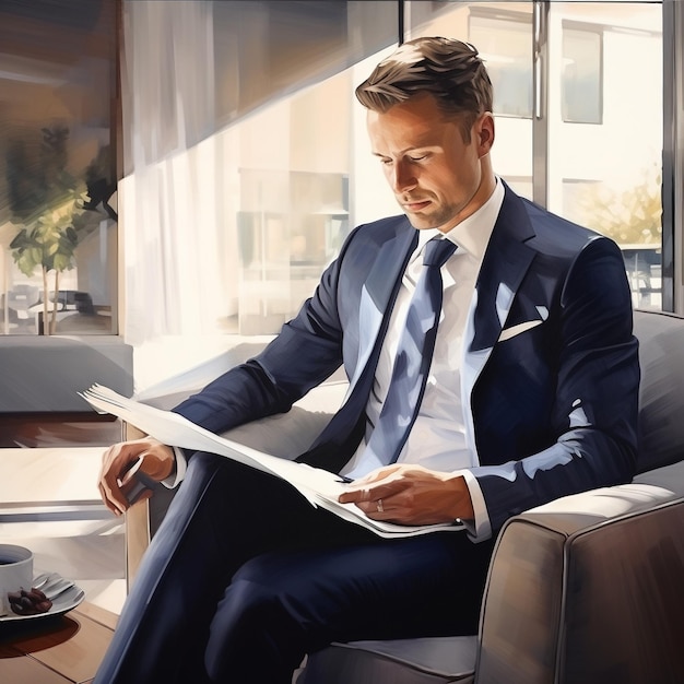 Uomo d'affari in abito che legge il giornale in un ufficio moderno