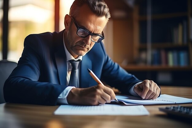 Uomo d'affari in abito che scrive appunti alla scrivania