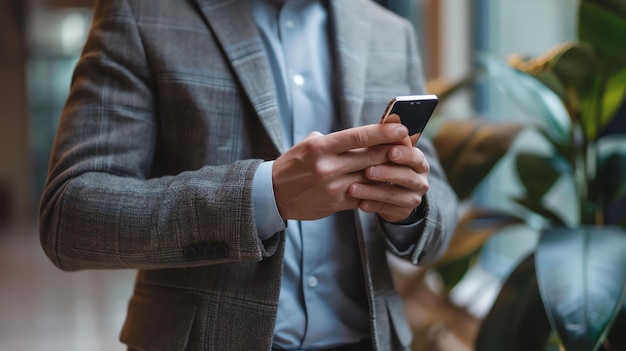 Uomo d'affari in abito che usa uno smartphone Closeup di mani che tengono il telefono